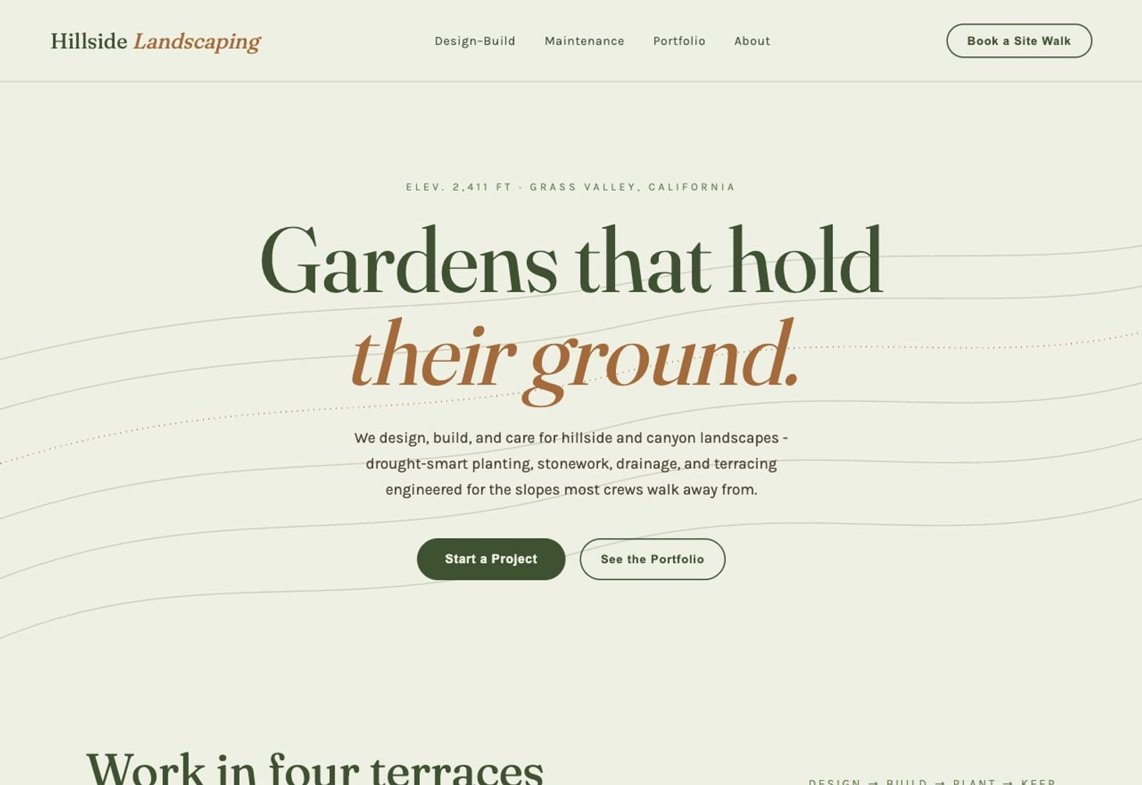 Hillside Landscaping concept homepage - cream editorial site with a serif "Gardens that hold their ground" headline over contour-line artwork