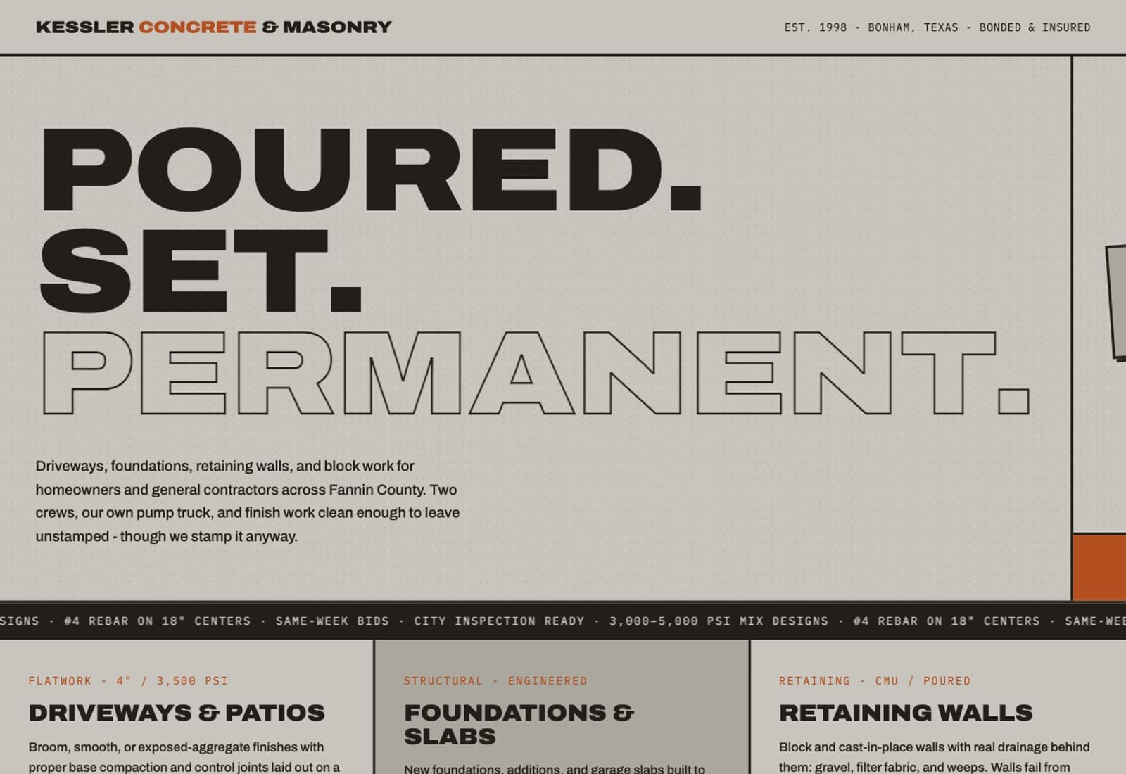 Kessler Concrete concept homepage - drafting-paper gray site with a stacked "Poured. Set. Permanent." headline and a spec ticker strip