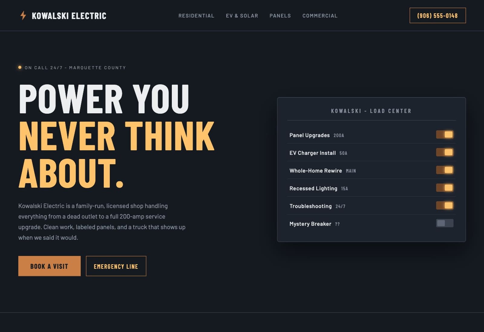 Kowalski Electric concept homepage - dark site with an amber "Power you never think about" headline beside a breaker-panel style service list