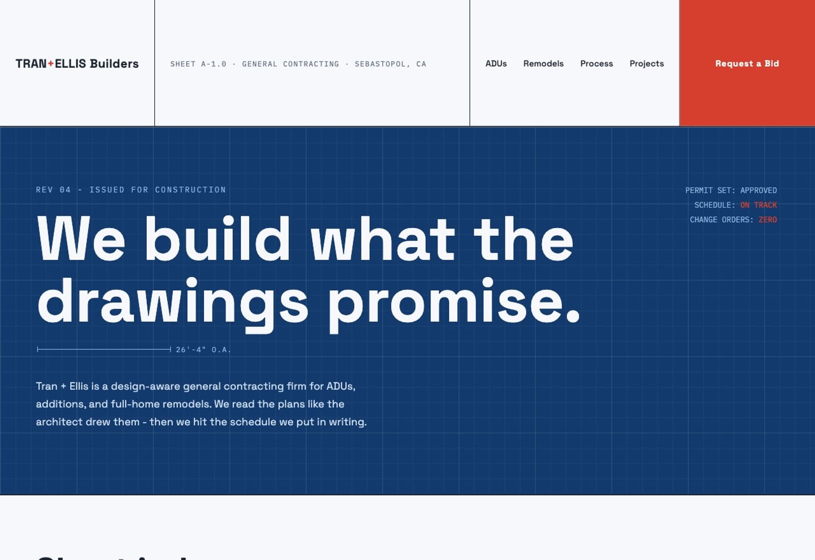Tran + Ellis Builders concept homepage - blueprint-blue hero with a drafting grid and the headline "We build what the drawings promise"