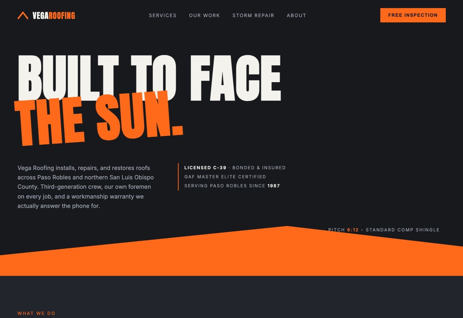 Vega Roofing concept homepage - near-black site with a huge "Built to face the sun" headline and a bold orange roofline graphic